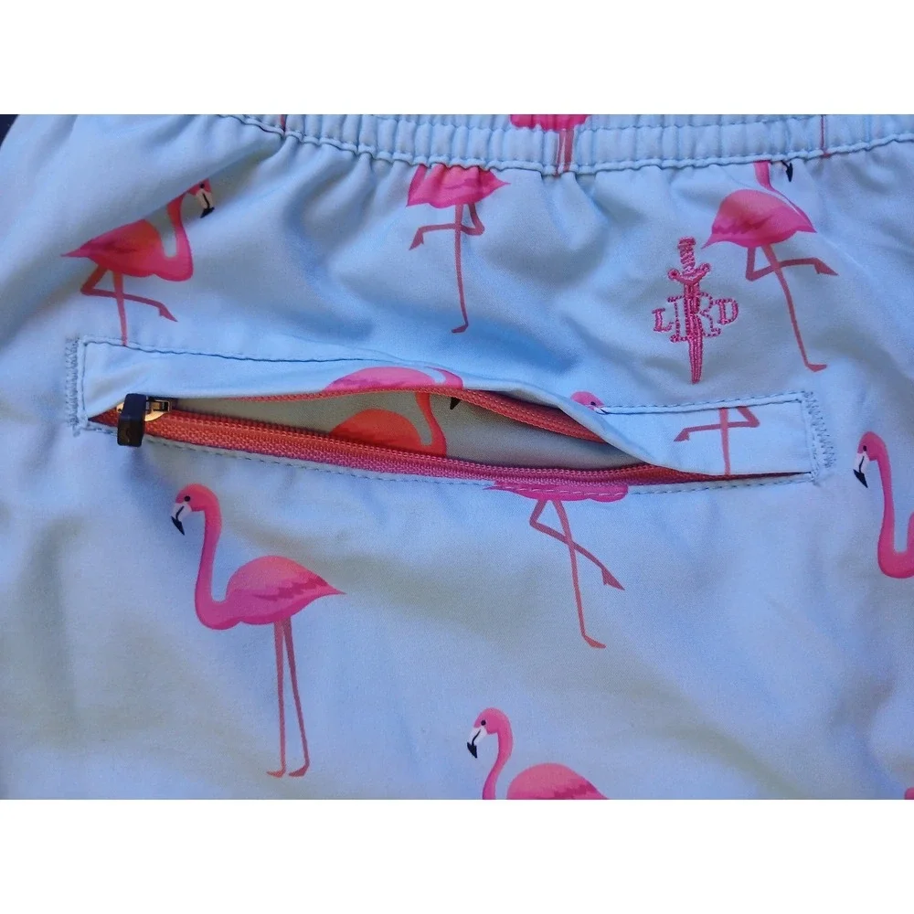 LRD Performance Mens Flamingo Print Swim Trunks Blue Pink Compression Liner Sz M